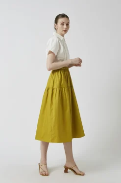 Cotton Gathered Seam Midi Skirt