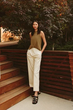 Cotton Pleat Full-Length Pants