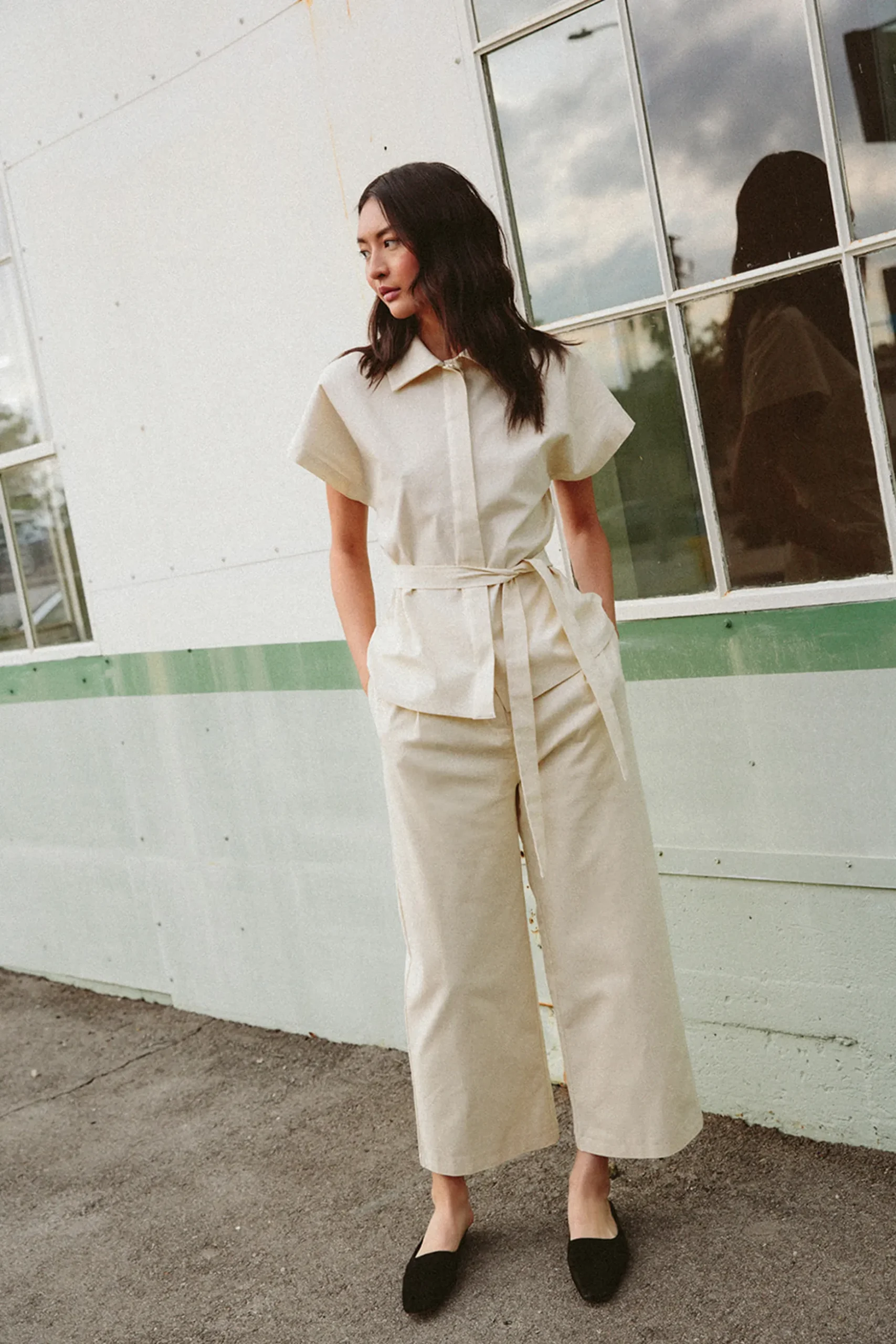 Cotton Pleat Full-Length Pants
