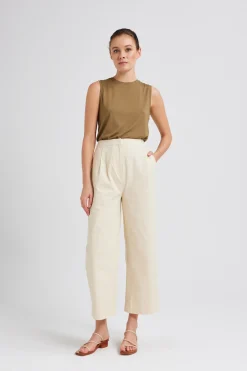 Cotton Pleat Full-Length Pants