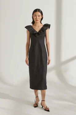 Fitted Ruffle V-Neck Midi Dress