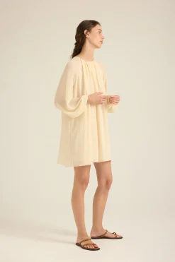 Gathered Puff-Sleeve Shift Dress