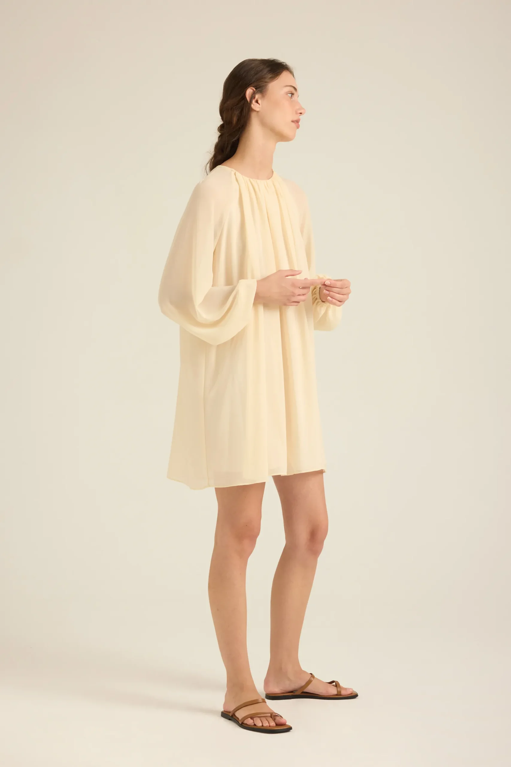 Gathered Puff-Sleeve Shift Dress