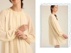Gathered Puff-Sleeve Shift Dress