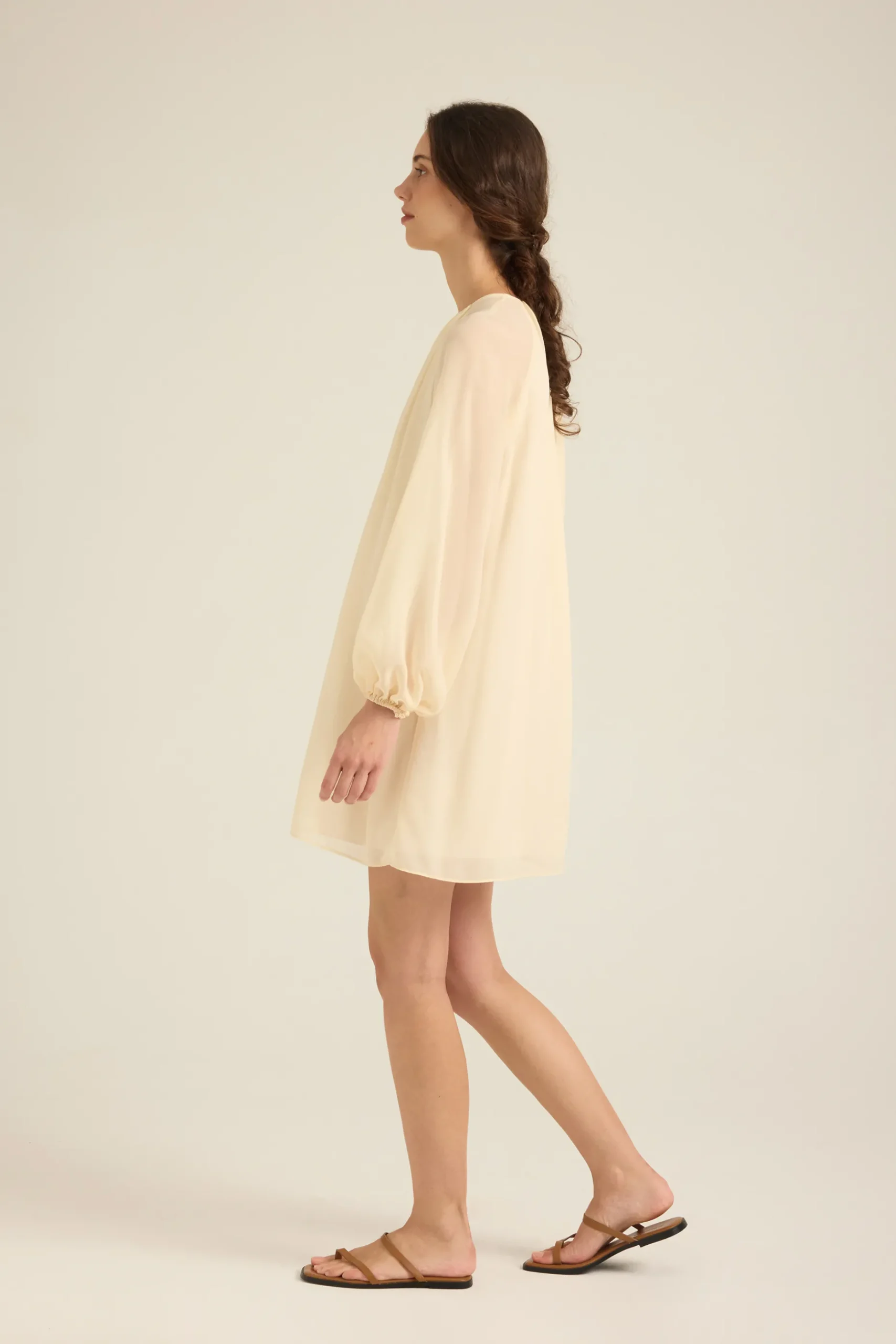 Gathered Puff-Sleeve Shift Dress
