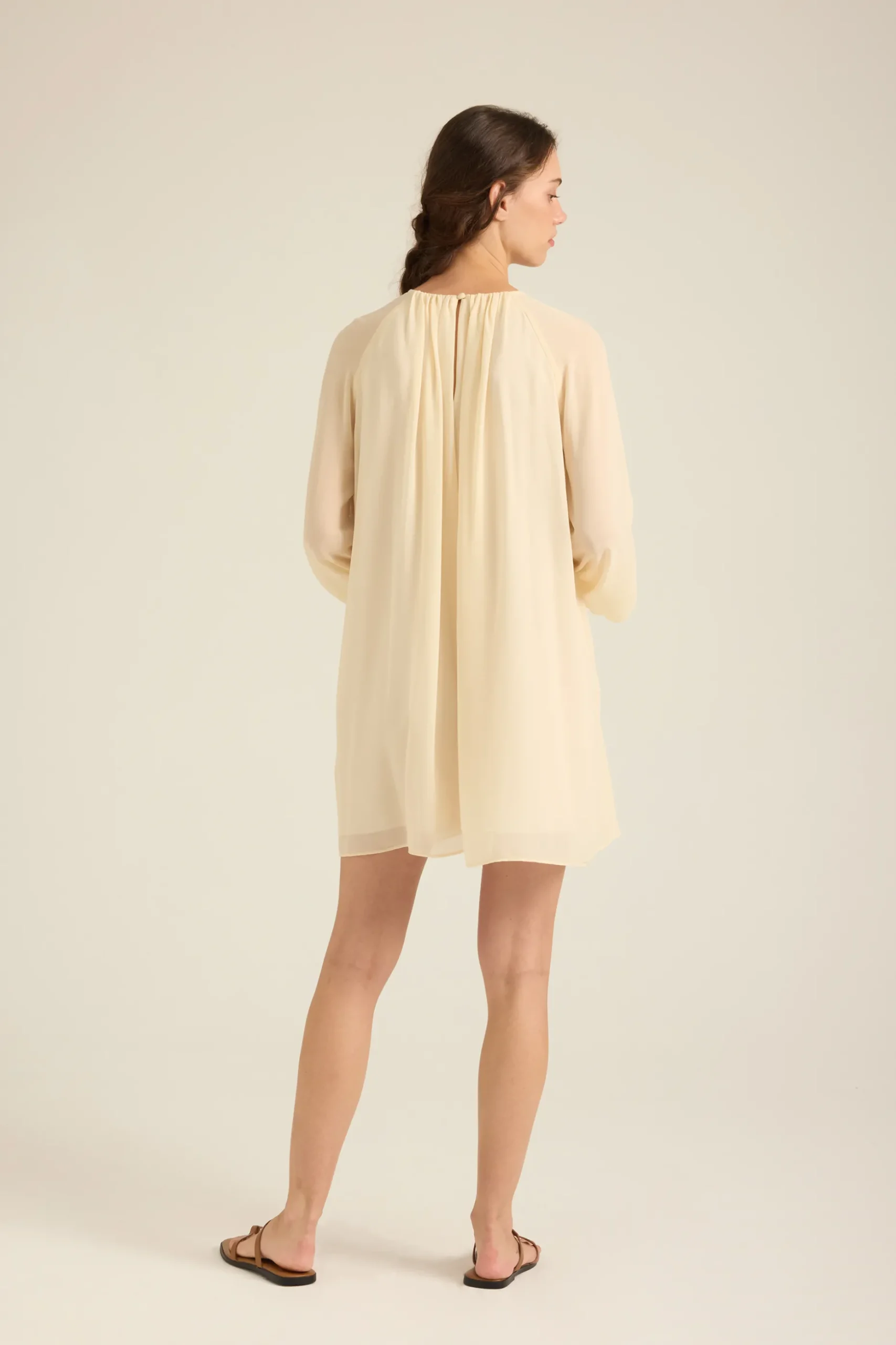 Gathered Puff-Sleeve Shift Dress