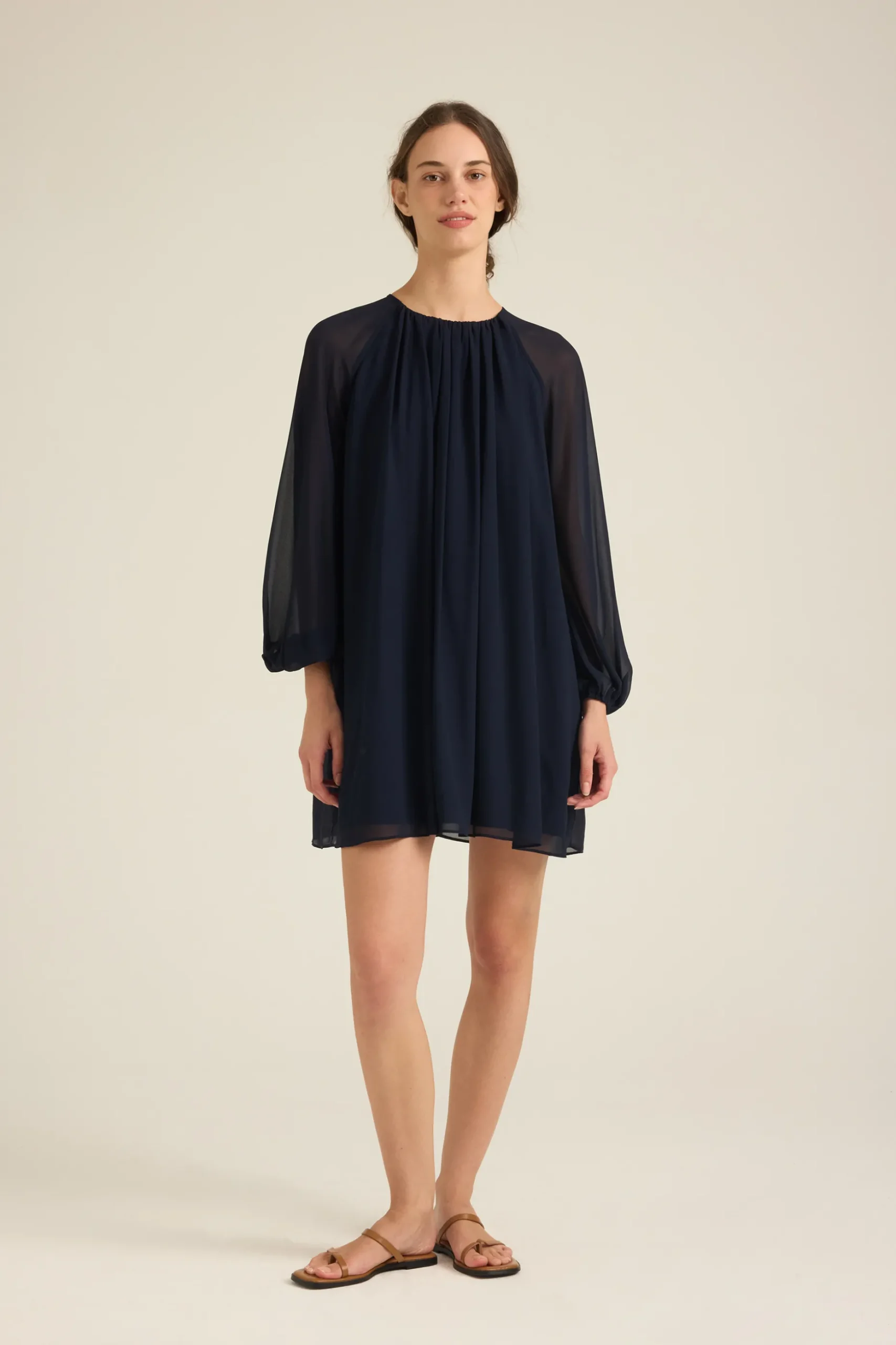 Gathered Puff-Sleeve Shift Dress