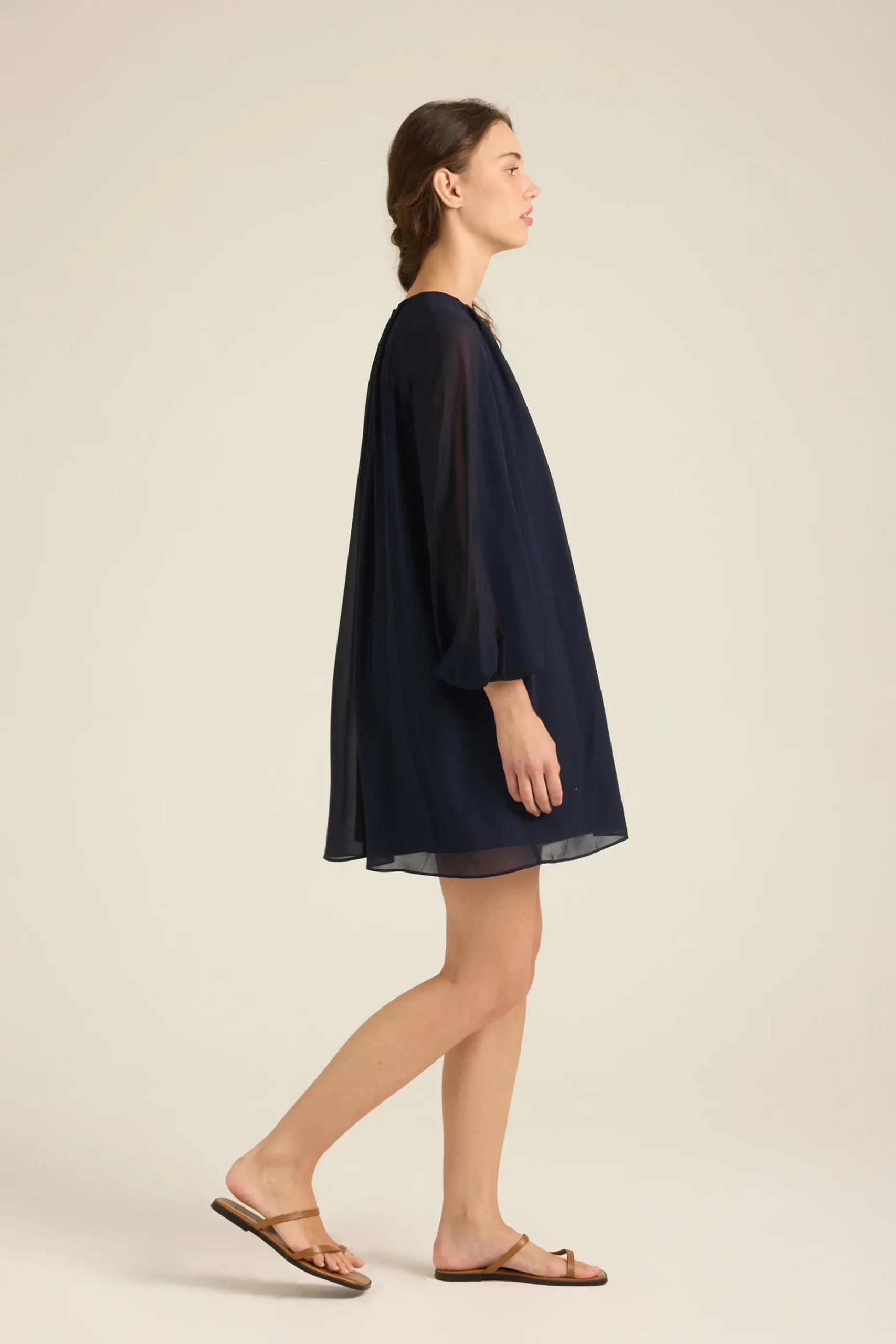 Gathered Puff-Sleeve Shift Dress