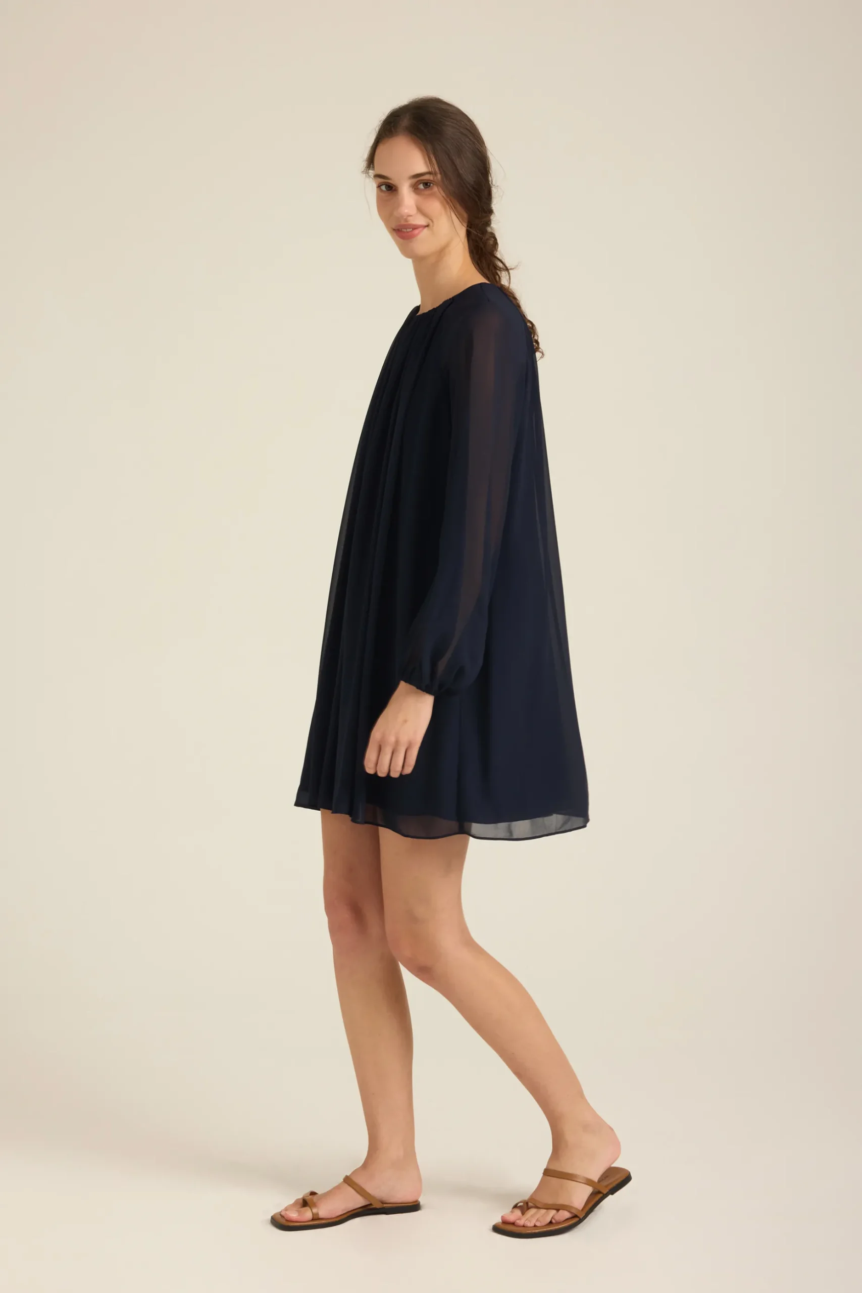 Gathered Puff-Sleeve Shift Dress