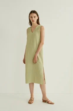 Gathered V-Neck Midi Dress