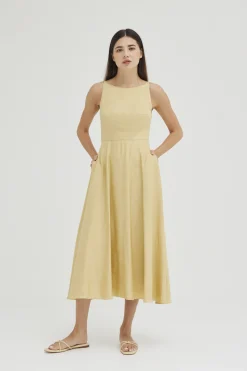 Linen Boat-Neck Midi Dress