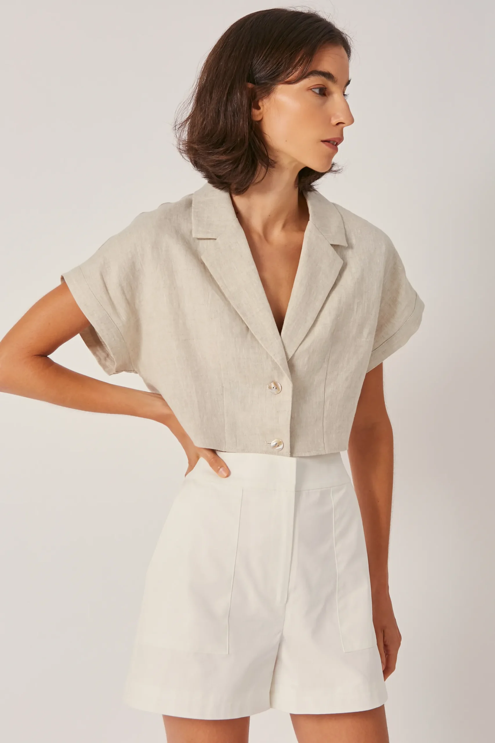 Linen Crop Collared Top