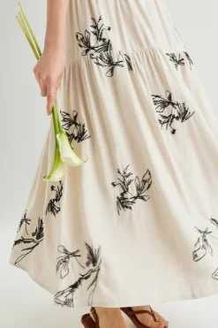 Linen Embroidered Midi Skirt