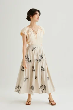 Linen Embroidered Midi Skirt