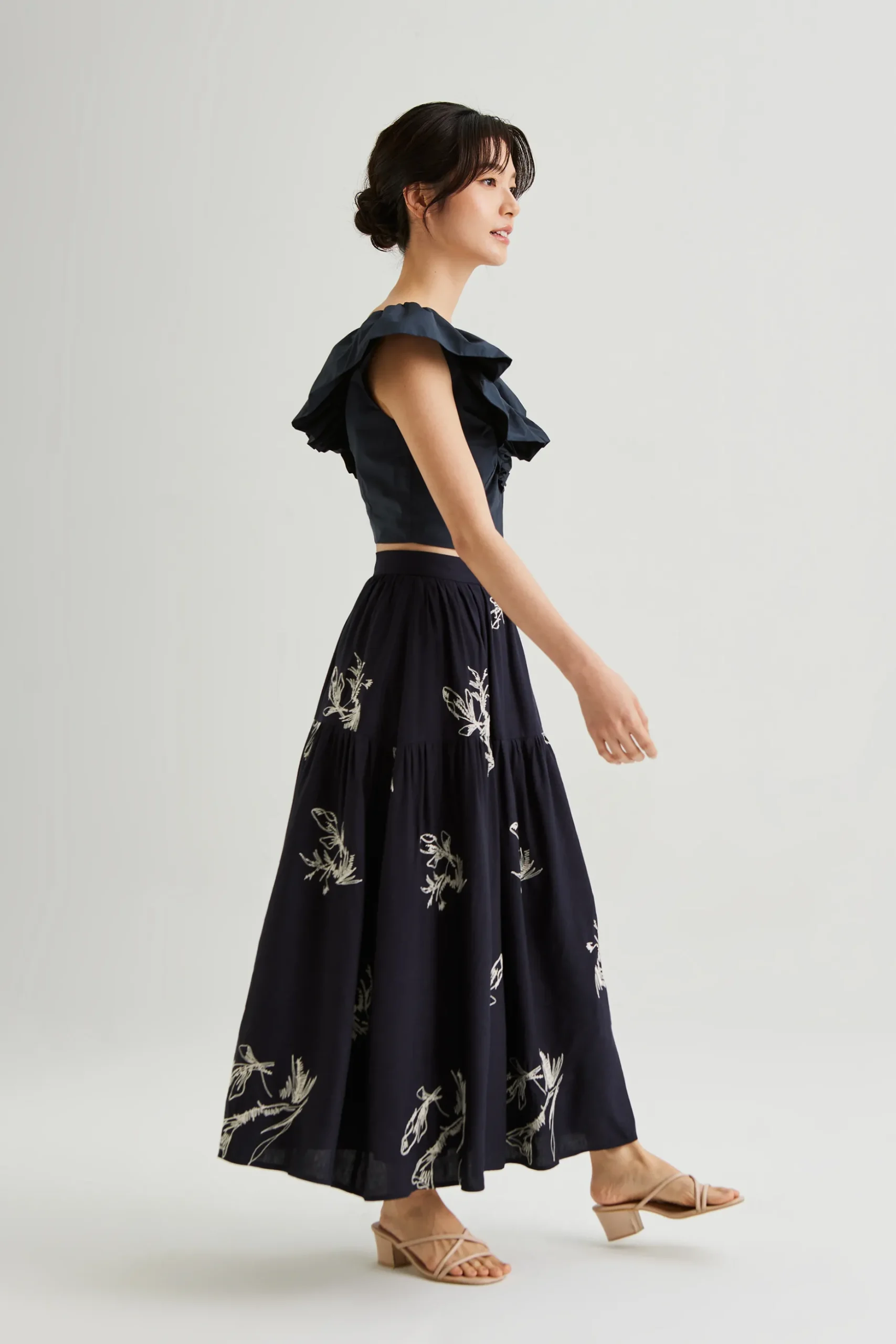 Linen Embroidered Midi Skirt