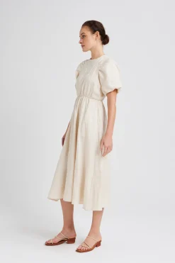 Linen Gathered Puff Sleeve Dress