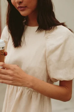 Linen Gathered Puff Sleeve Dress