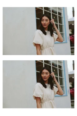 Linen Gathered Puff Sleeve Dress