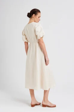 Linen Gathered Puff Sleeve Dress