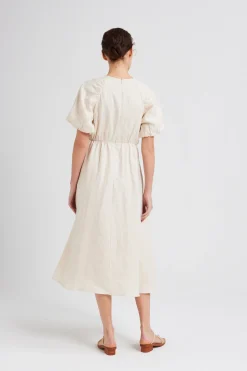 Linen Gathered Puff Sleeve Dress