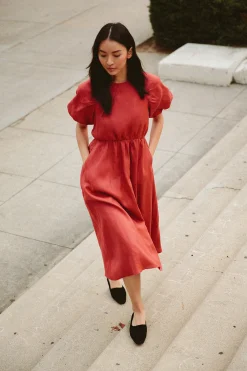 Linen Gathered Puff Sleeve Dress