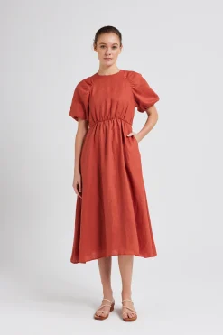 Linen Gathered Puff Sleeve Dress