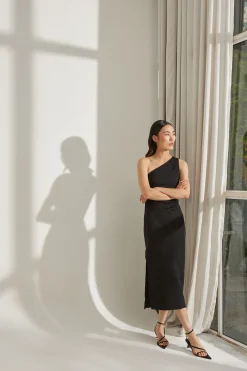 One-Shoulder Jersey Pleat Dress