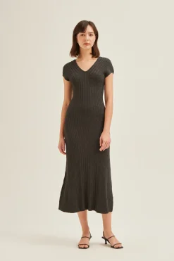 Soft Ribbed V-Neck Knit Dress