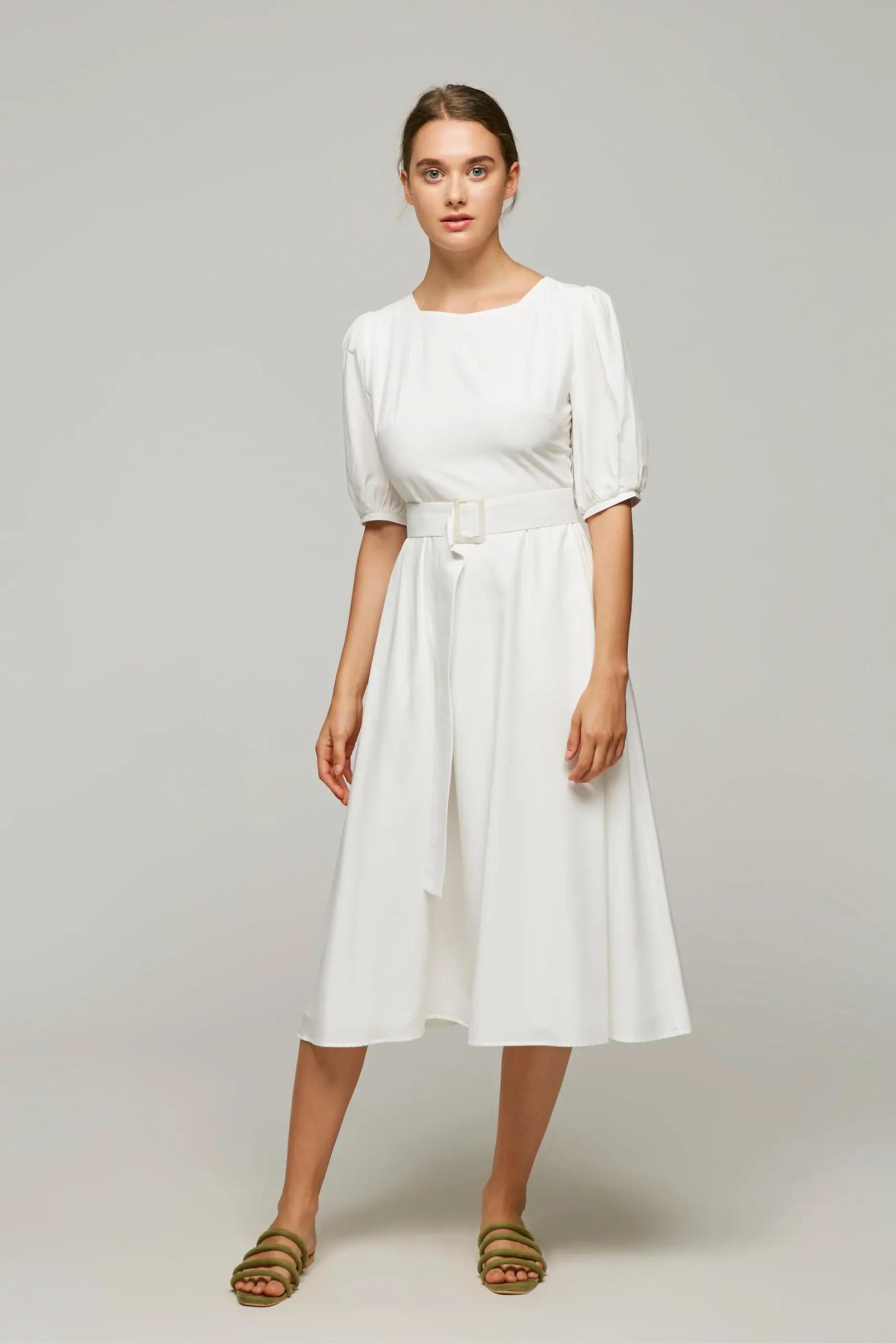 Square-Neck Belted Midi Dress