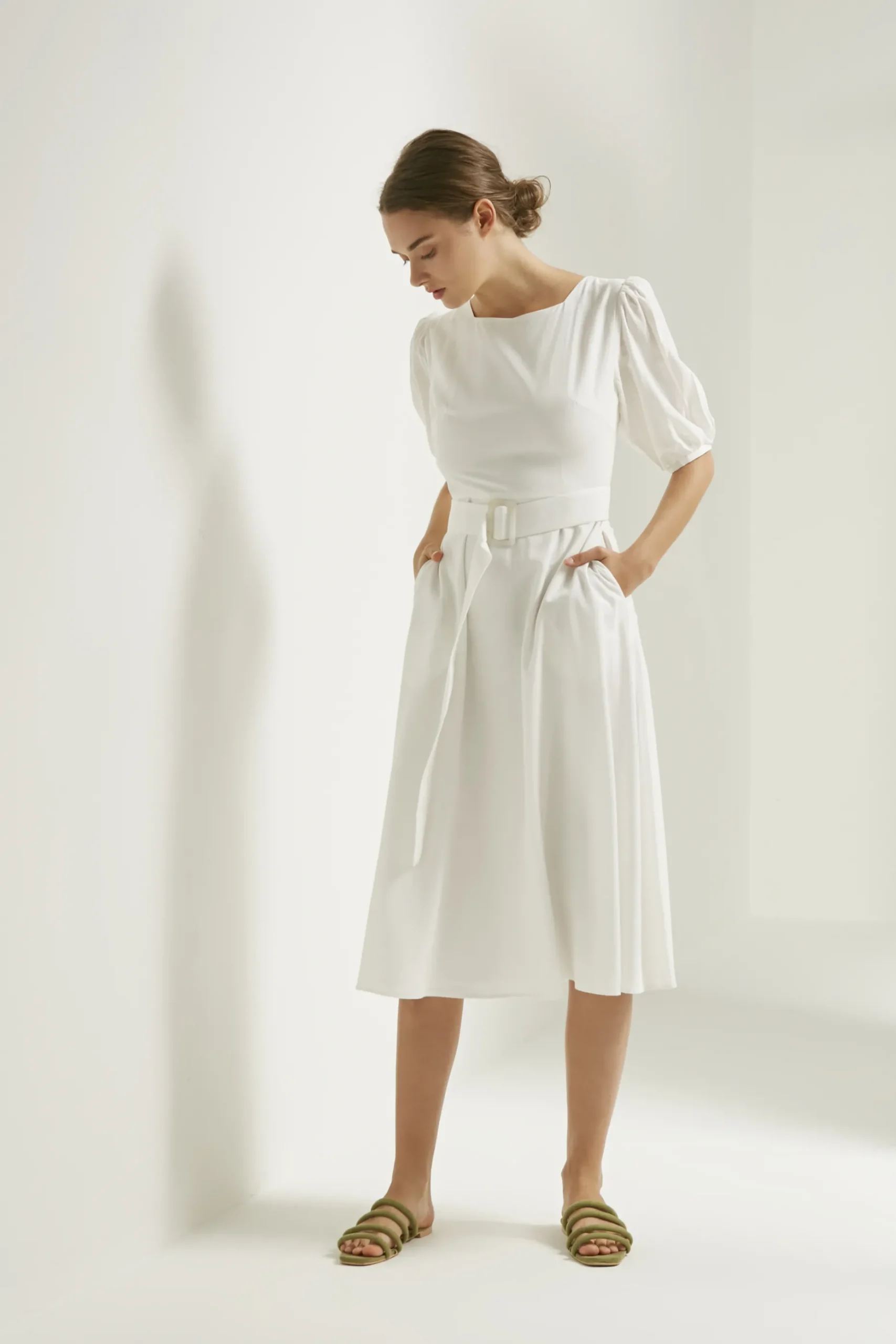 Square-Neck Belted Midi Dress