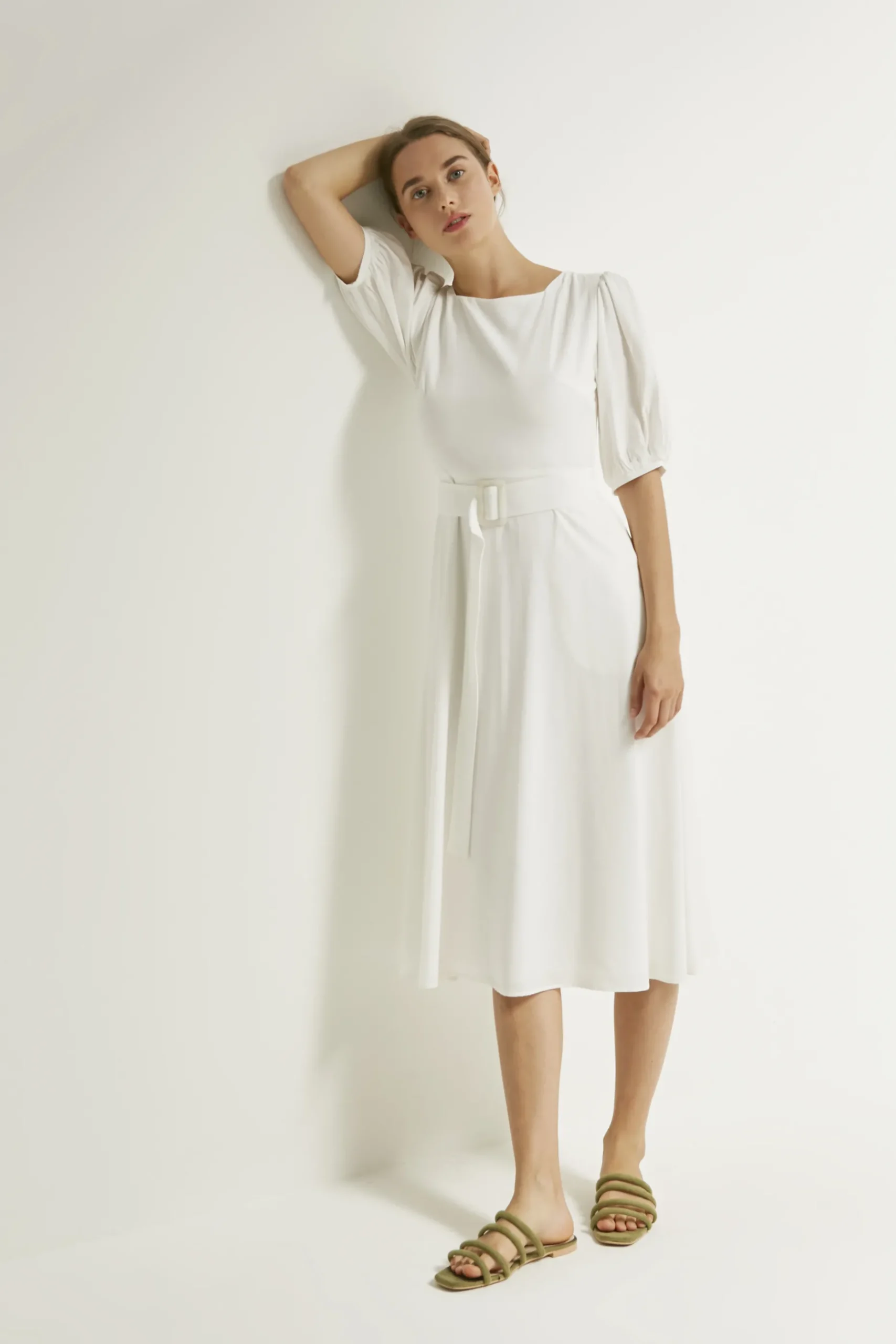 Square-Neck Belted Midi Dress