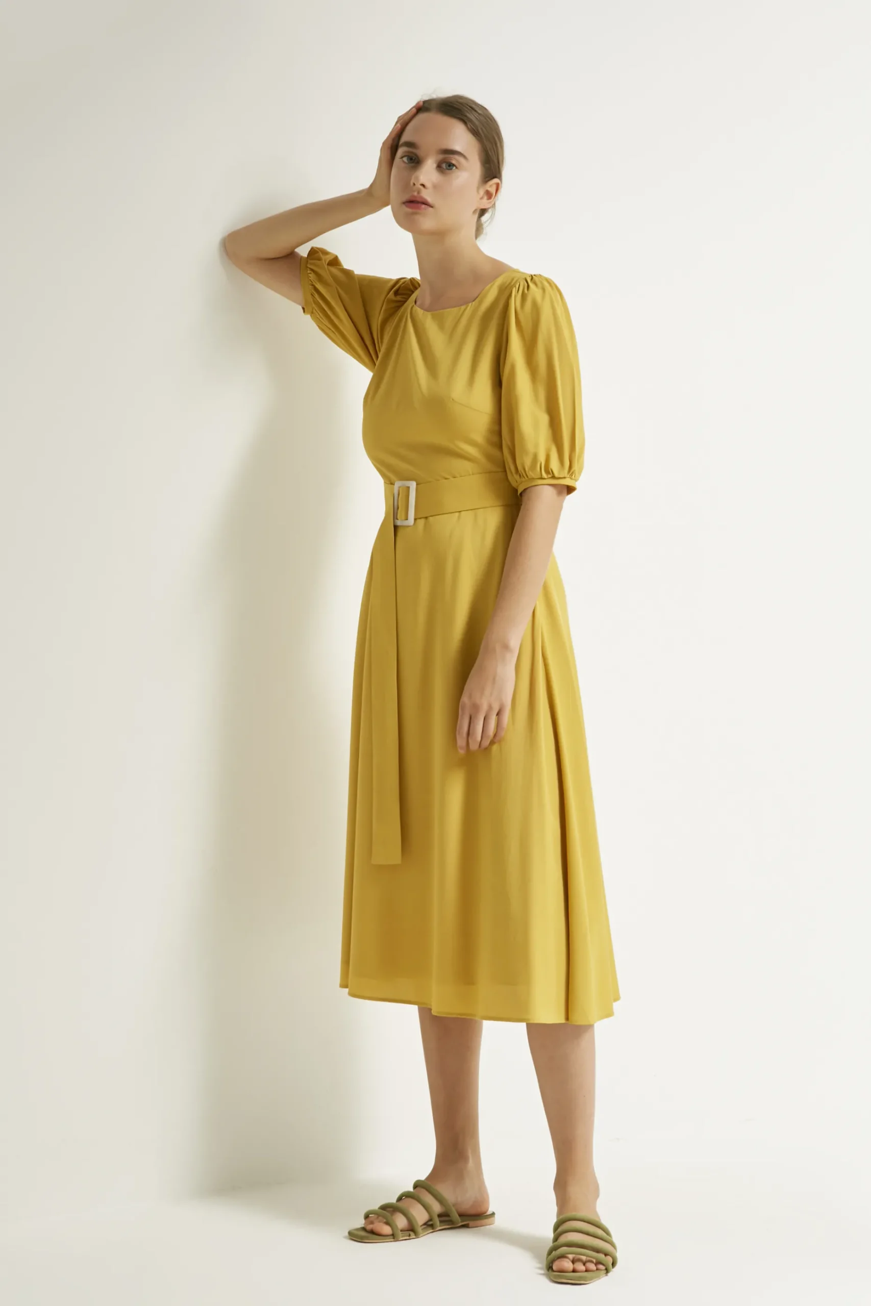 Square-Neck Belted Midi Dress