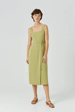 Square-Neck Overlap Midi Dress