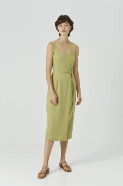 Square-Neck Overlap Midi Dress