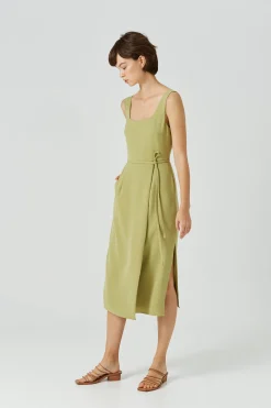 Square-Neck Overlap Midi Dress