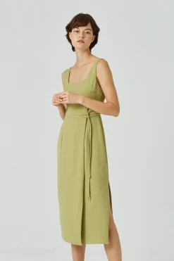Square-Neck Overlap Midi Dress