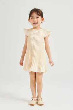 Sunray-Pleated Flutter Sleeve Dress