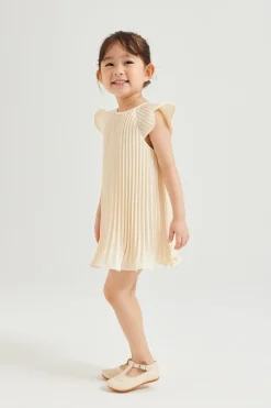 Sunray-Pleated Flutter Sleeve Dress